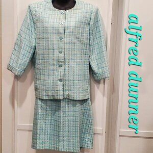 ALFRED DUNNER Teal Polyester 2-PC Blazer Tweed Jacket and Skirt, Size 16/18